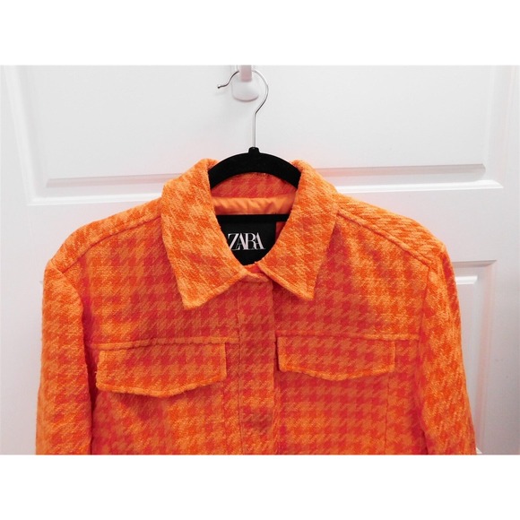 Zara Orange Houndstooth‎ Check Fringe Accent Short Blazer Jacket sz XS - Picture 2 of 4